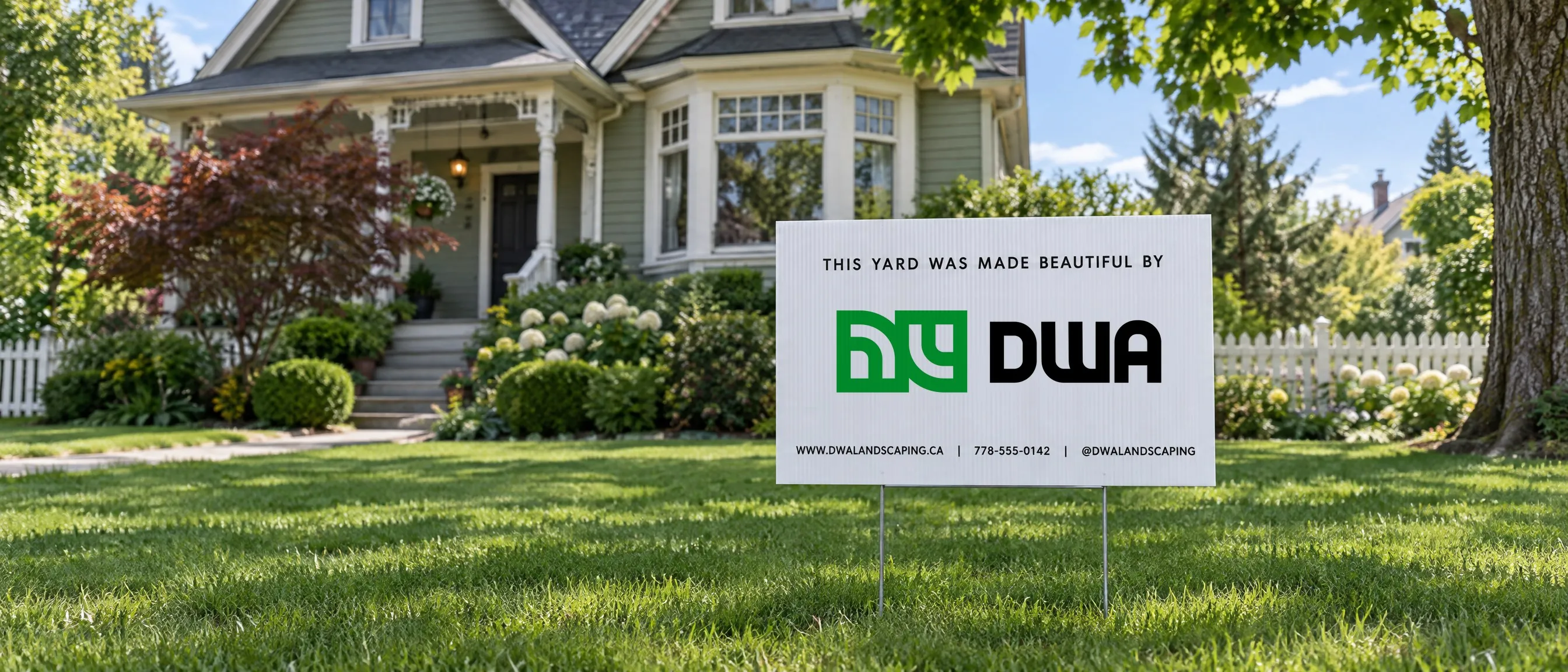 A white DWA Landscaping lawn sign planted in the front lawn of a heritage home