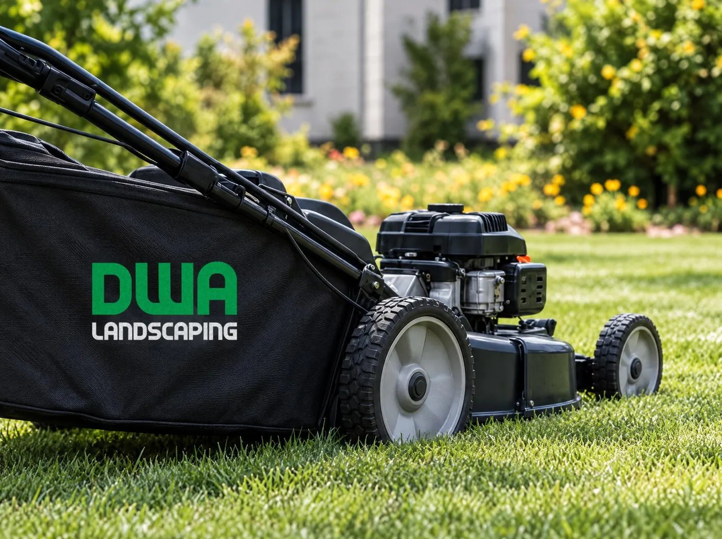 DWA Landscaping stacked logo printed on the grass bag of a push lawn mower