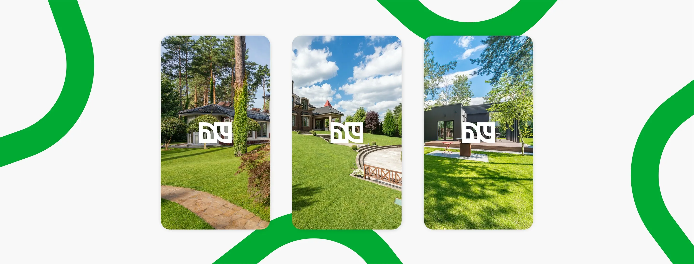 DWA Landscaping monogram over three landscaped yards, on light grey with green curves