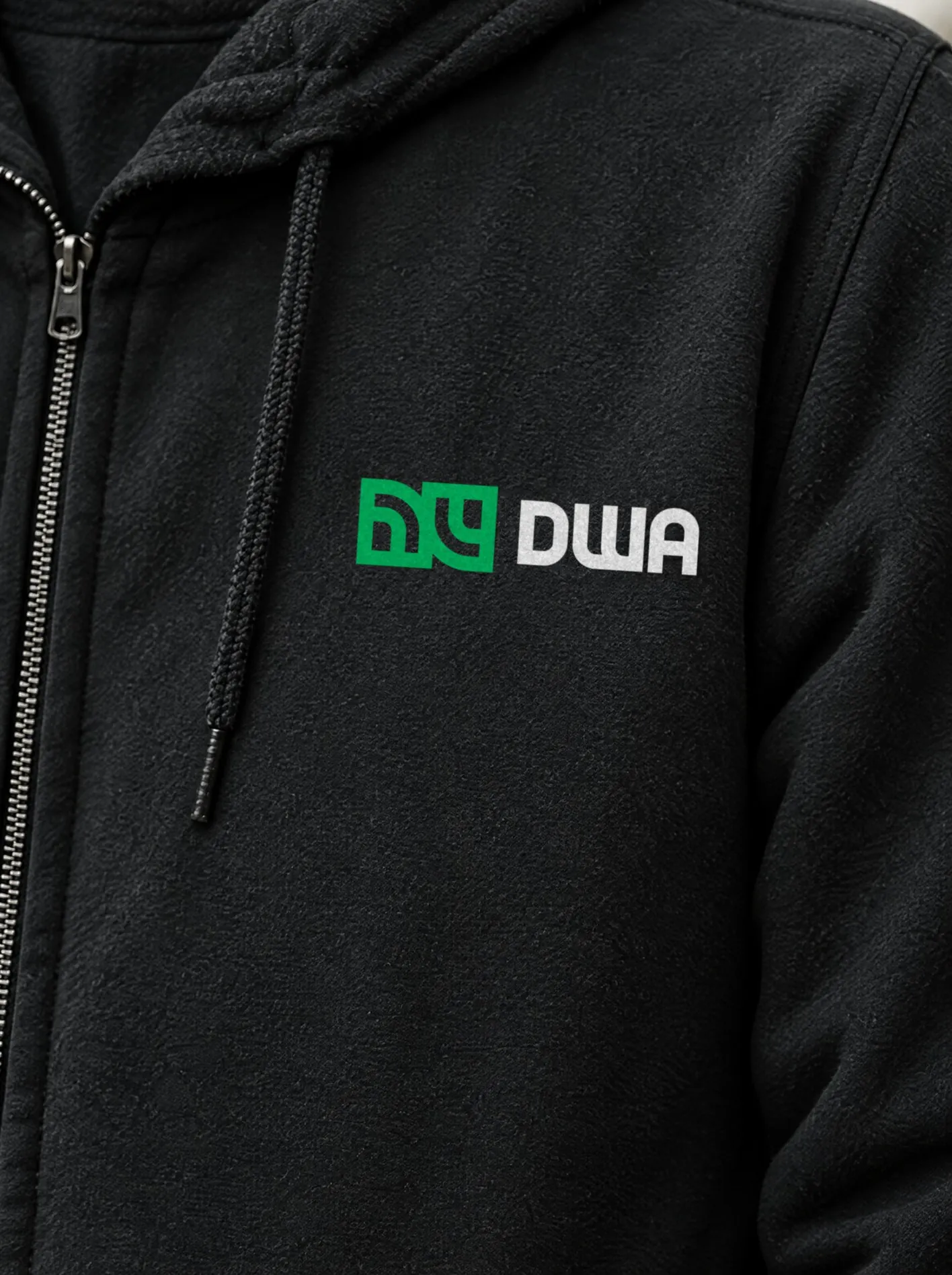 DWA Landscaping logo printed on the left chest of a black zip-up hoodie