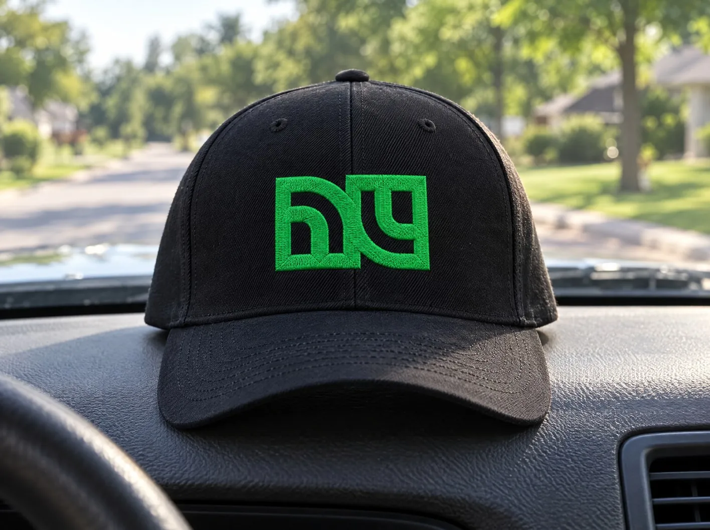 Black DWA Landscaping cap with the green monogram embroidered on the front, resting on a truck dashboard