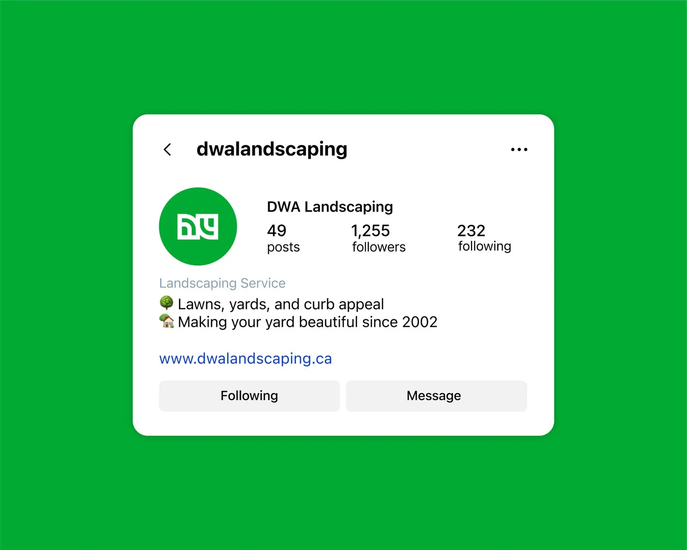 DWA Landscaping Instagram profile mockup on green