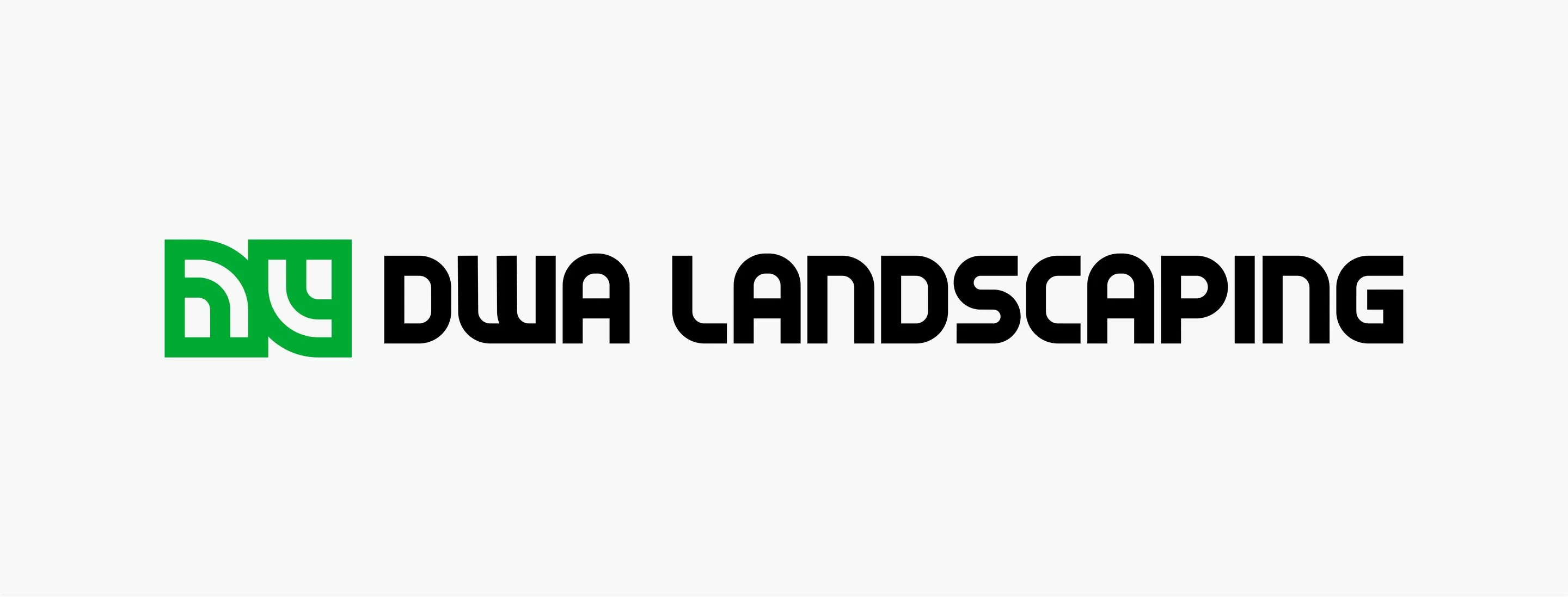DWA Landscaping horizontal logo, green monogram with black wordmark, on light grey