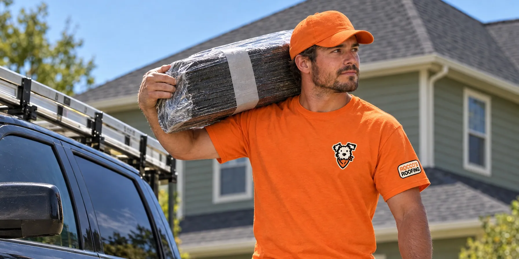 A Rocco's Roofing crew member carrying a shingle bundle, wearing the dog badge shirt
