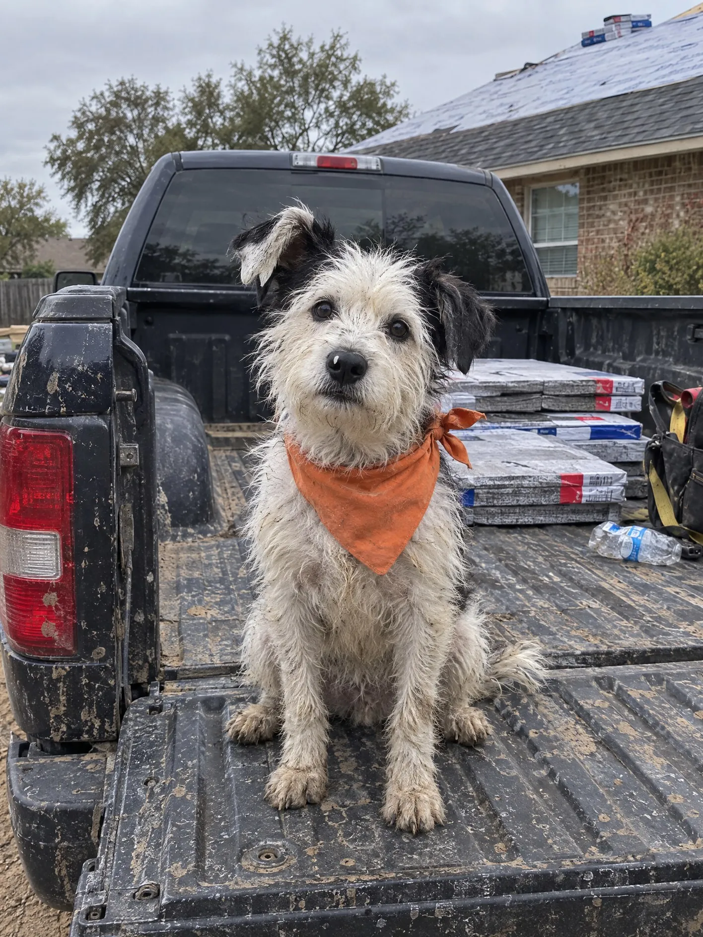 Rocco the dog sitting in the bed of a work truck wearing his orange bandana