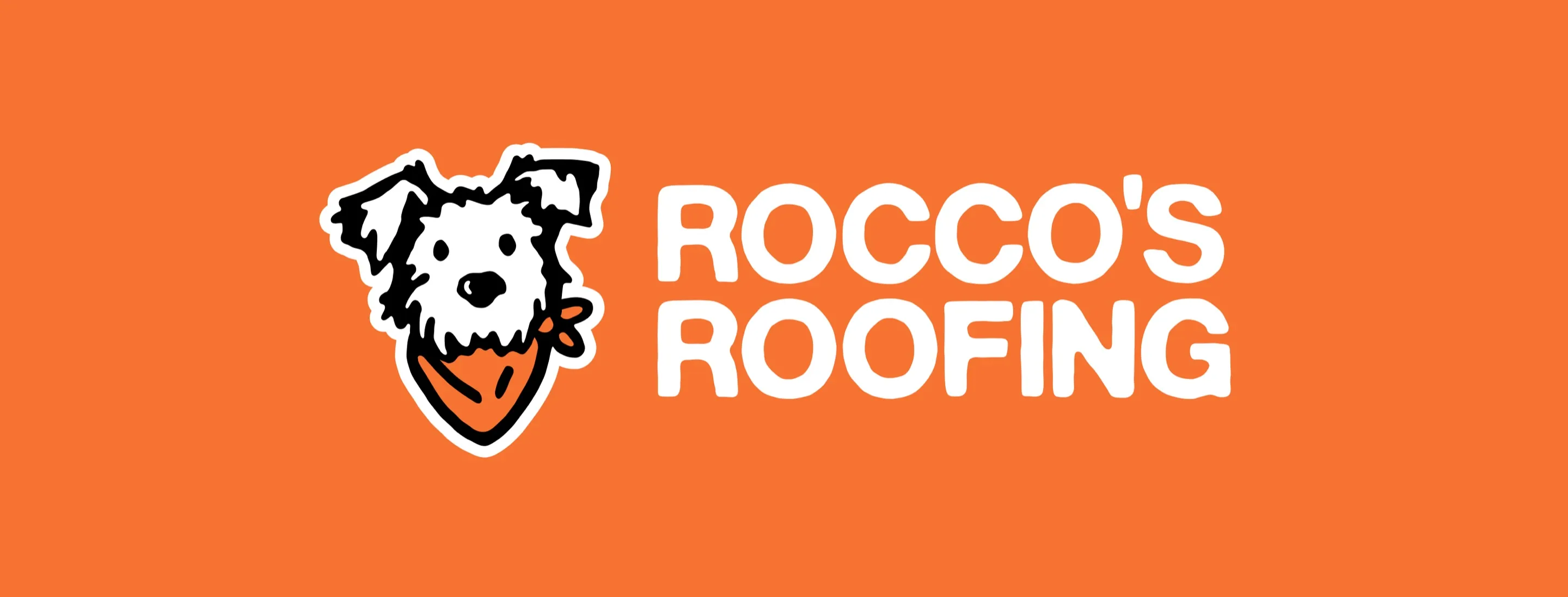 Rocco's Roofing primary logo lockup in white on orange