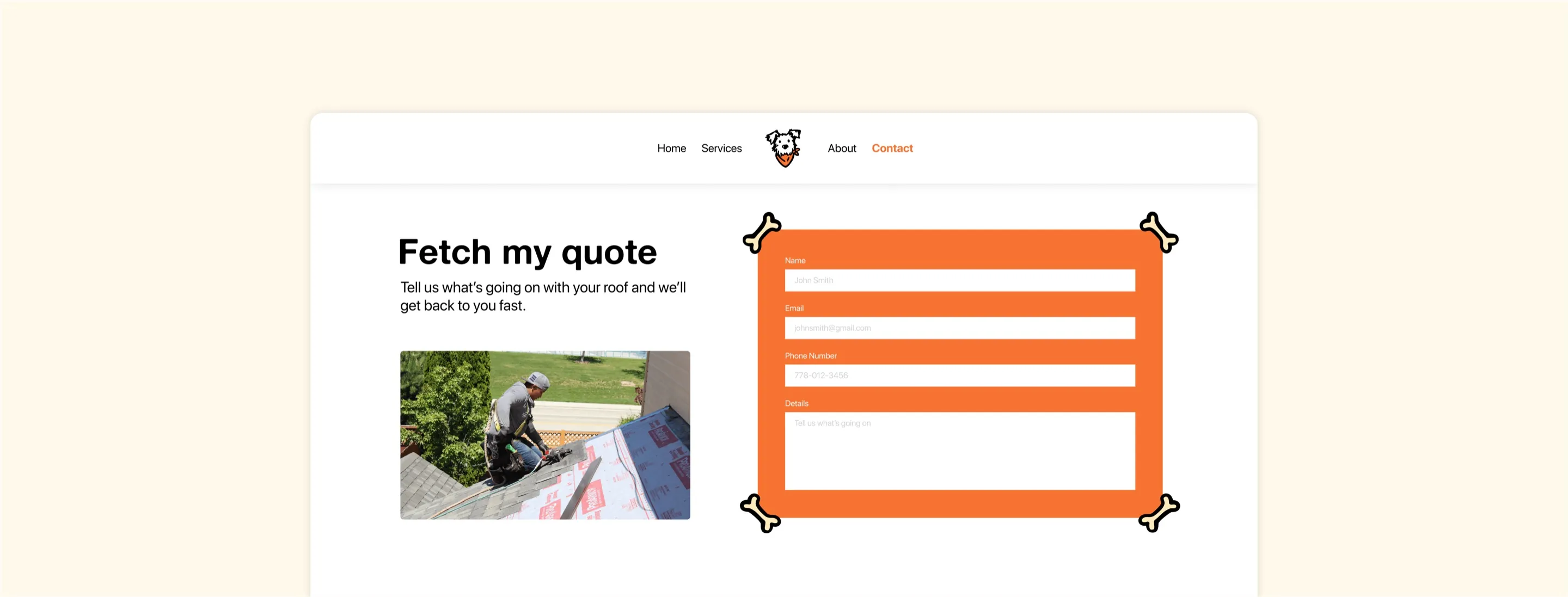 Rocco's Roofing website contact page with the Fetch my quote form