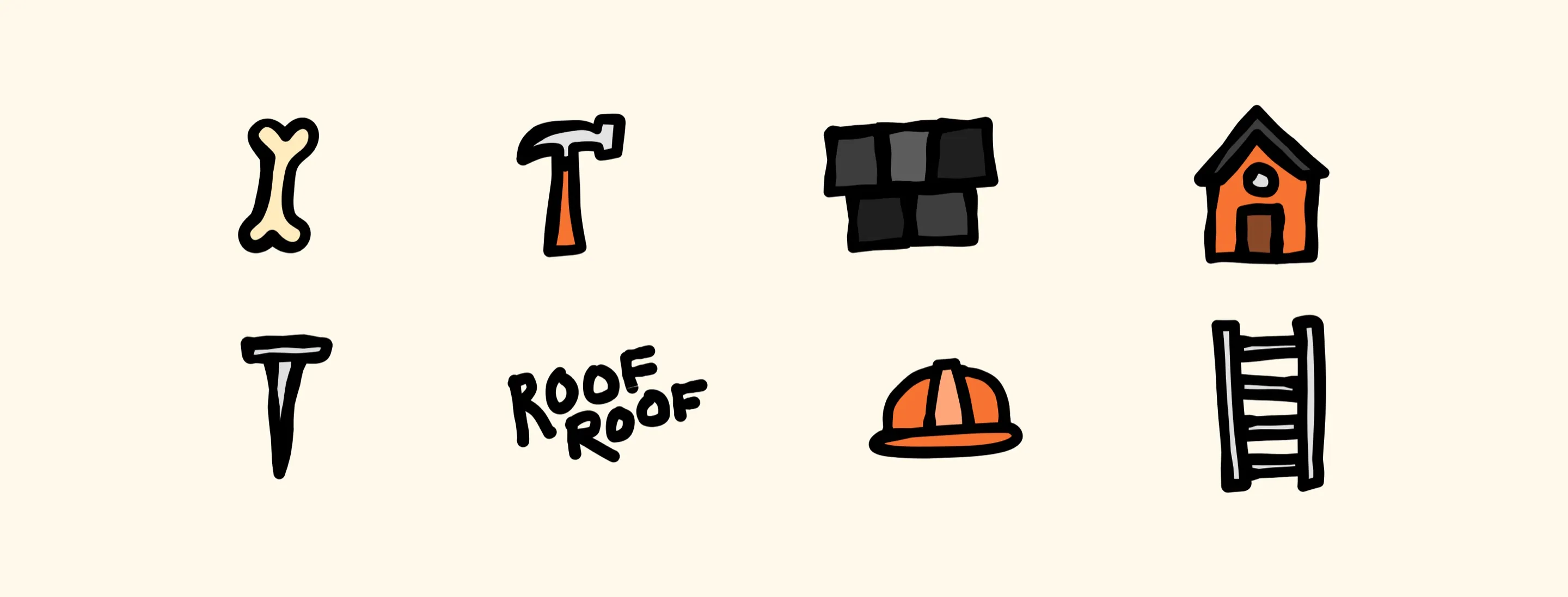 Rocco's Roofing illustrated icon set: bone, hammer, shingles, doghouse, nail, hard hat, ladder