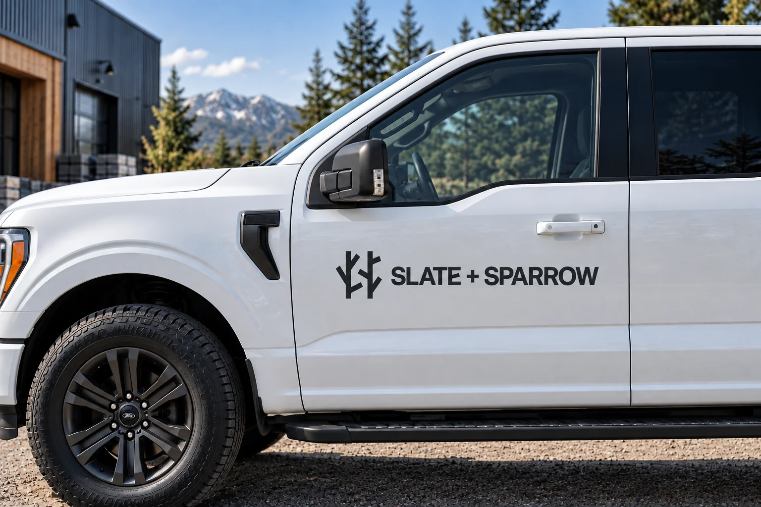 Slate & Sparrow Builders logo applied to a truck door