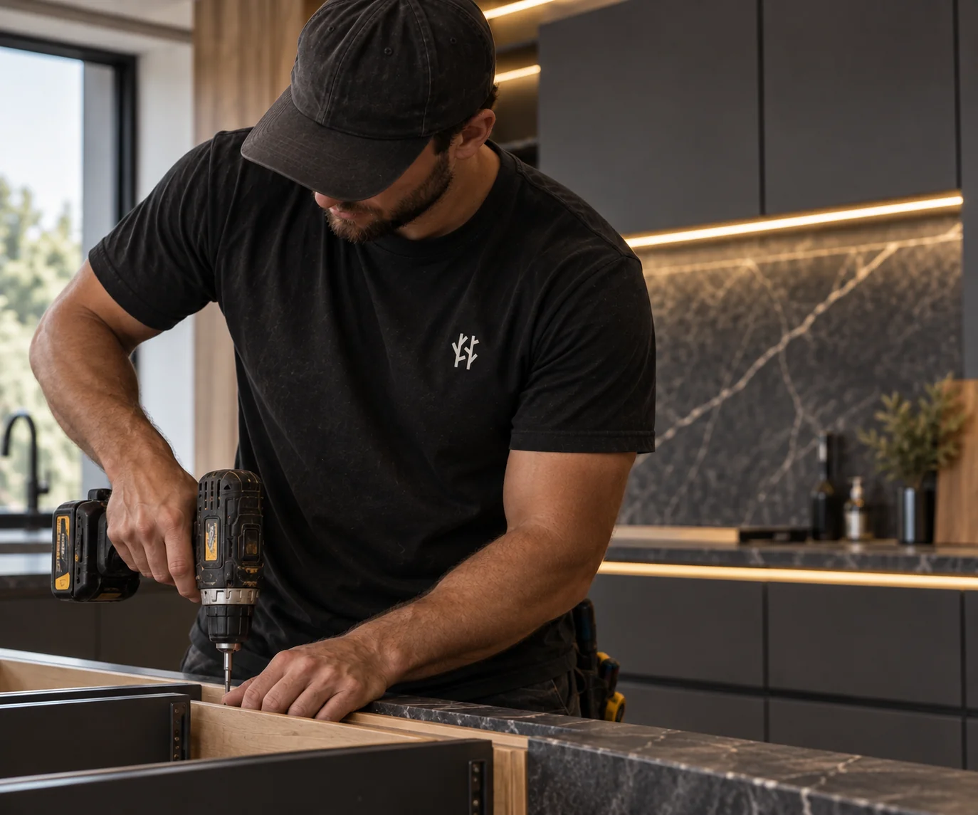 Builder wearing crew t-shirt in the kitchen